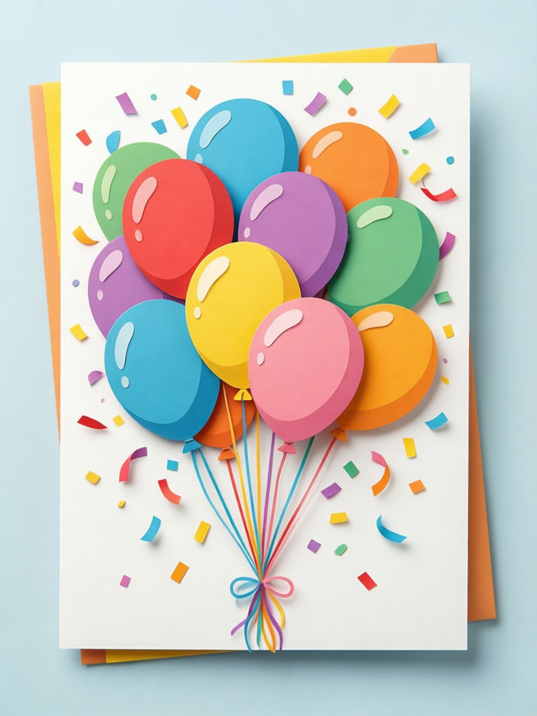 Colorful greeting card with balloons and confetti