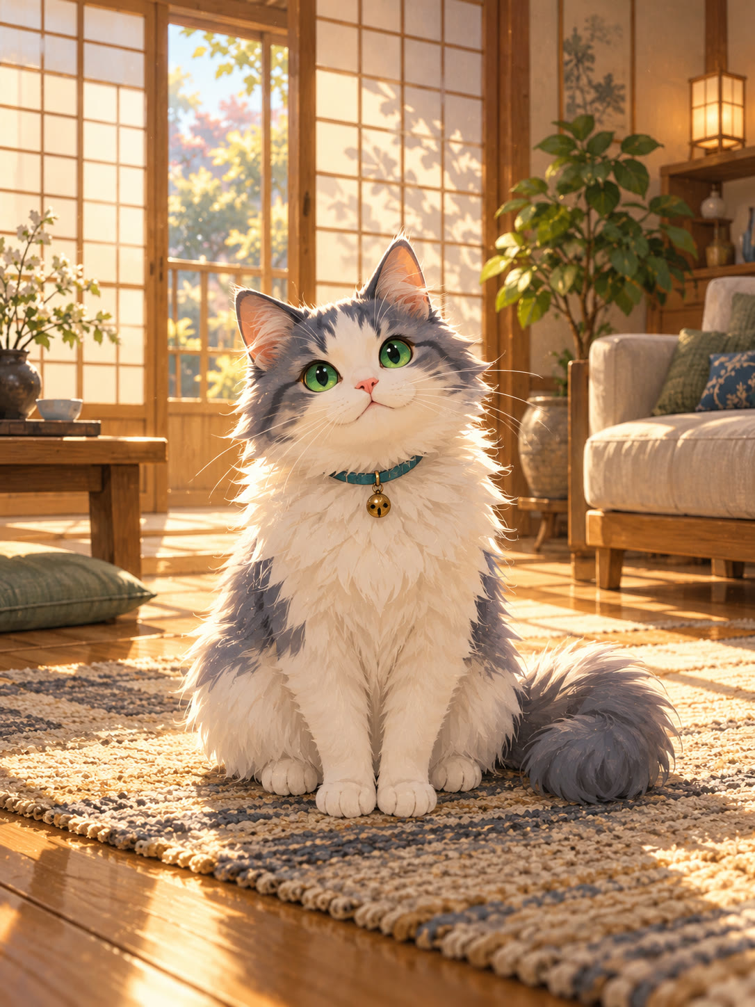 Painterly white-and-gray cat with green eyes sitting in warm afternoon sunlight