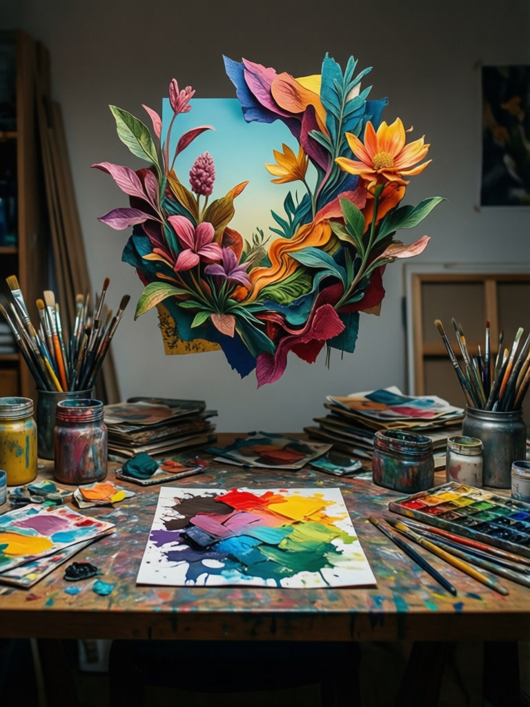 Kreativer Studioschreibtisch mit Kunstbedarf und surrealer Collage