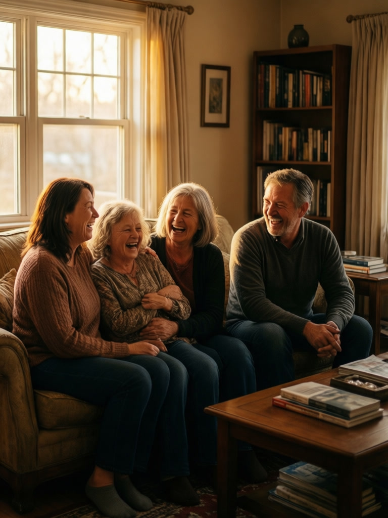 Family laughing in a cozy living room