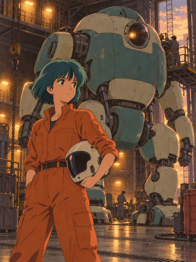 Retro 80s anime pilot girl in an orange flight suit standing in front of a giant original robot in a hangar