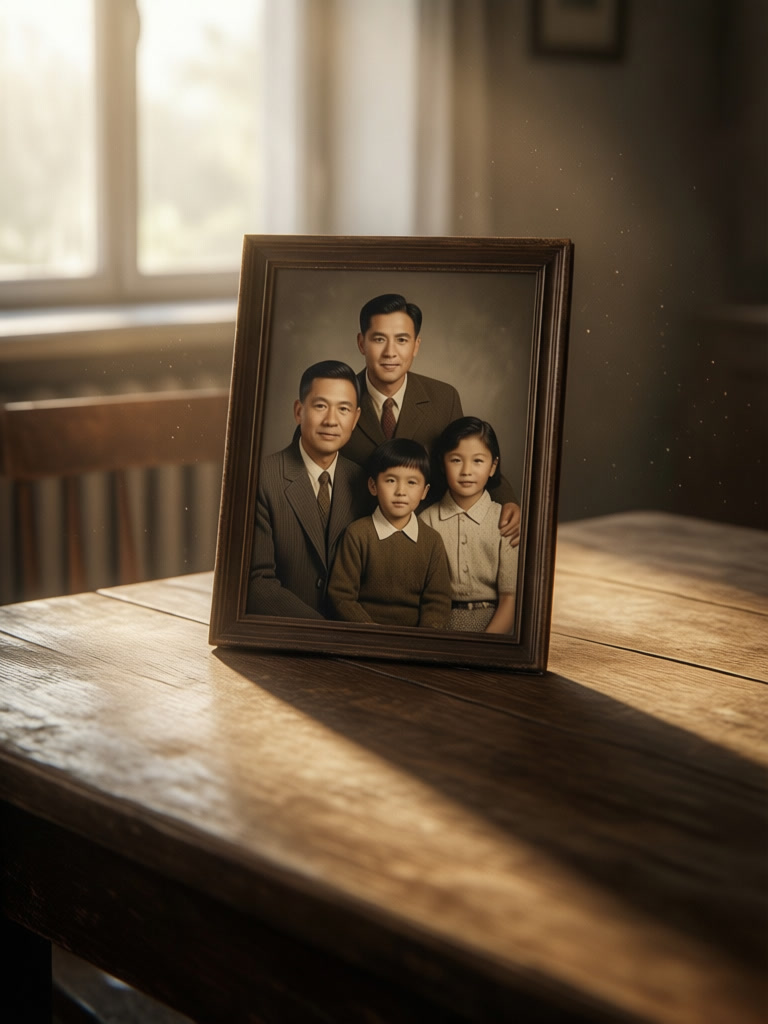 Vintage family photo on a wooden table